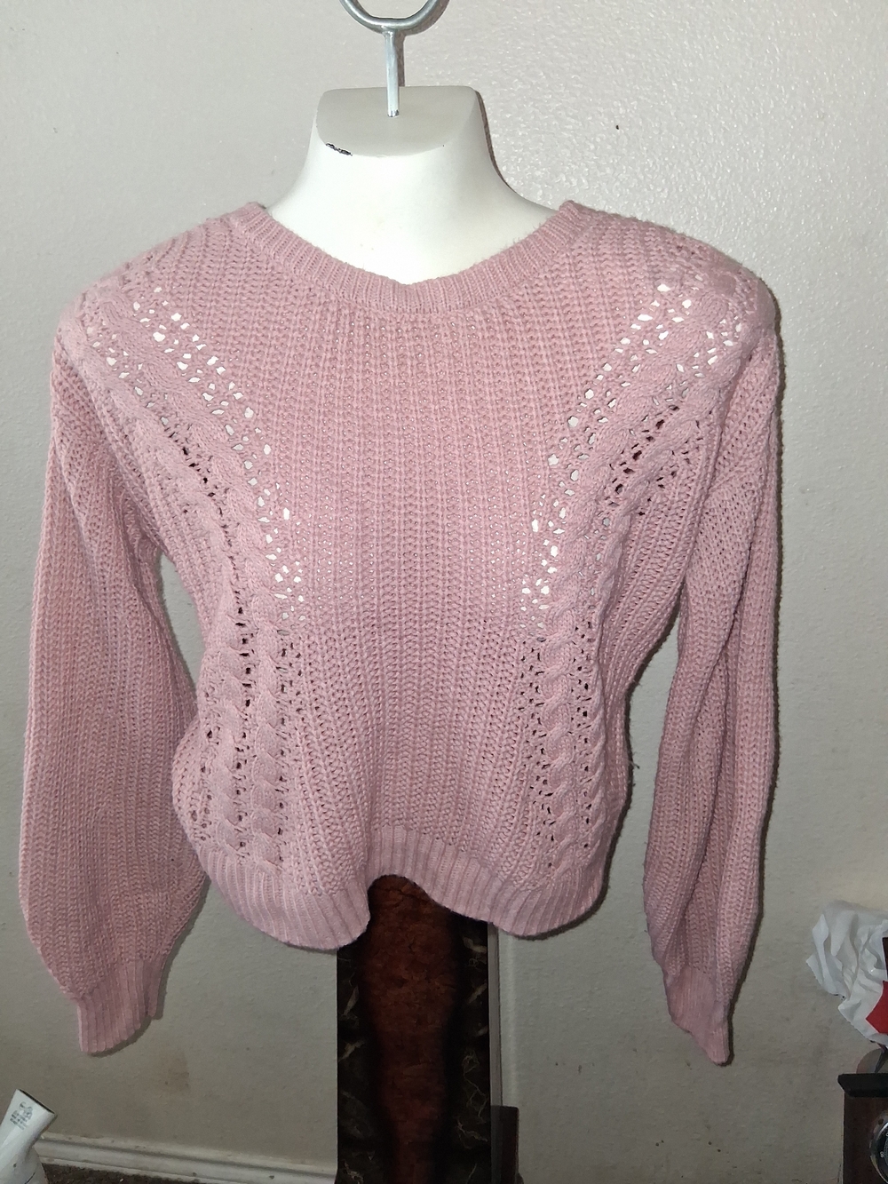 No Boundaries Dusty Pink Open-Stitch Crewneck Sweater Sz L 11-13